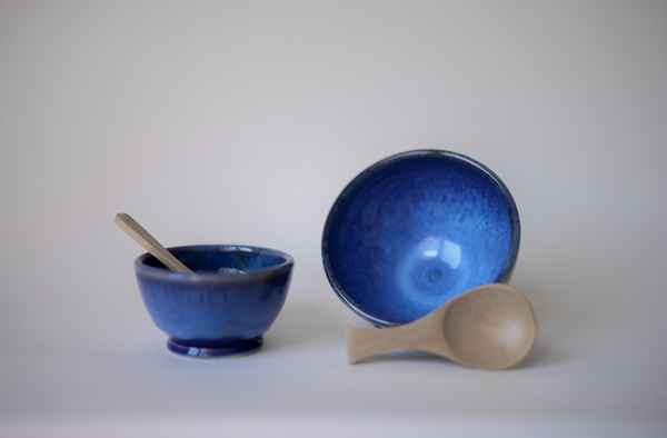 A handmade blue salt cellar of Salt City Flake
