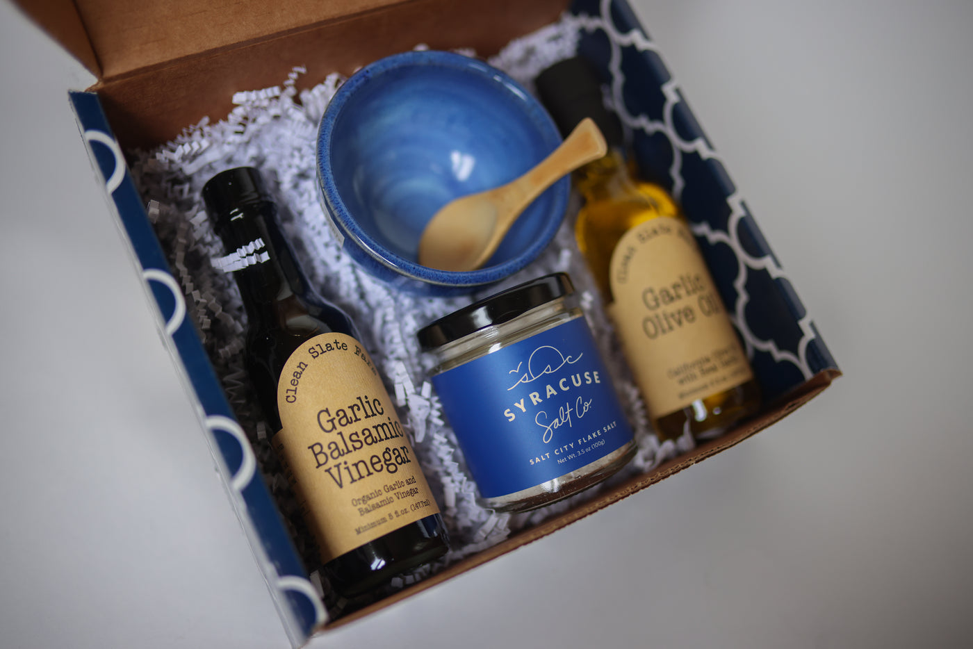 Salt Cellar and Clean Slate gift set with oils, vinegar and blue salt cellar